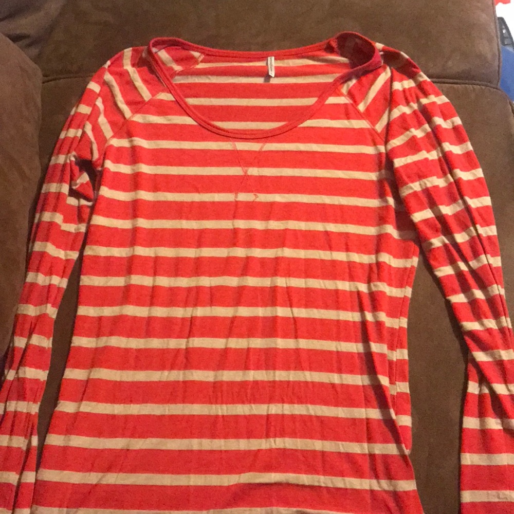 Long Sleeve Red and Tan Striped Shirt